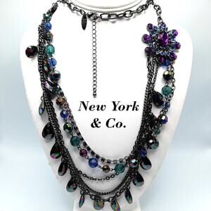 New York & Co. Iridescent Purple Blue Pendant Necklace, Gunmetal Grey, 36 Inches